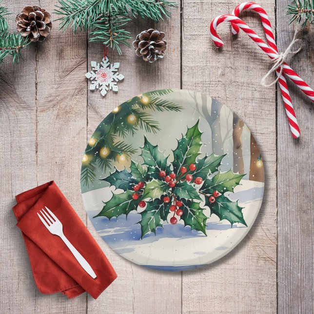 Christmas Mistletoe Holiday Watercolor Paper Plate (Creator Uploaded)
