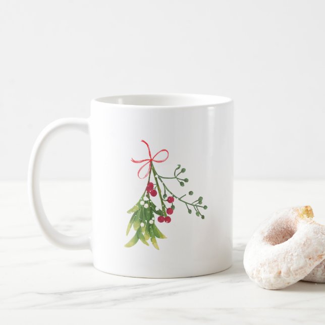 Christmas Mistletoe Holly Berries Coffee Mug (With Donut)