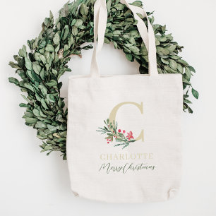 Christmas Mistletoe Monogram Holiday Gift Tote Bag