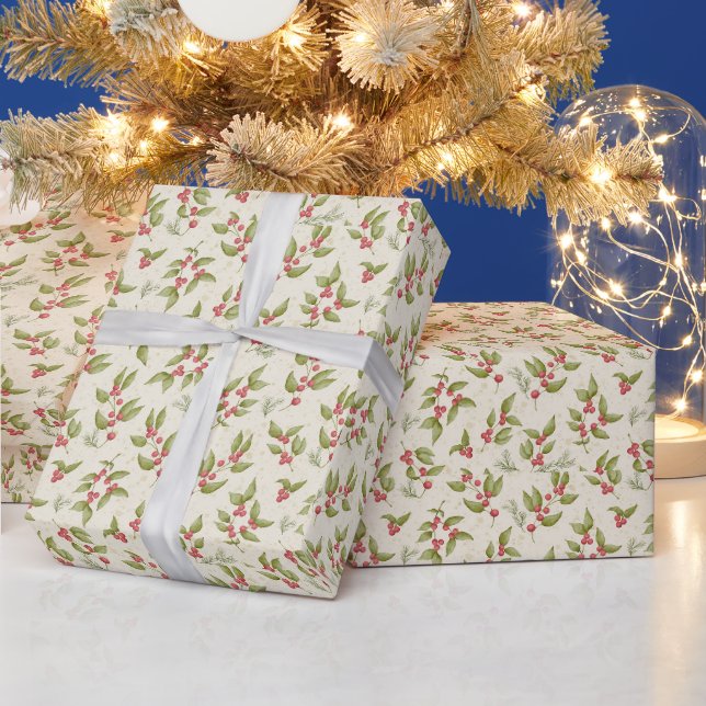 Christmas Mistletoe Patten on Cream Wrapping Paper (Holidays)