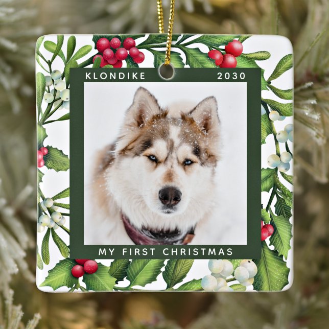 Christmas Mistletoe Personalised Pet Dog Photo Ceramic Ornament (Creator Uploaded)