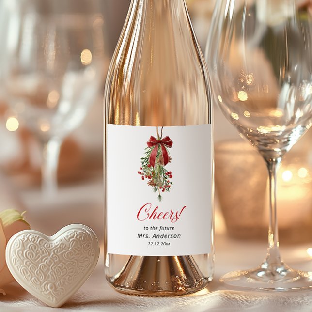 Christmas Mistletoe Red Bow Bridal Shower Wine Label (Creator Uploaded)