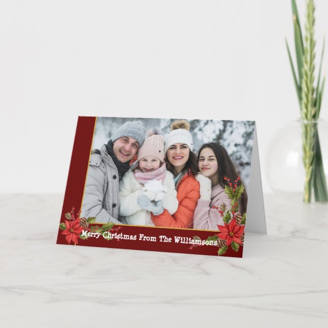 Christmas Mistletoe Red Gold Ribbon Frame Photo Holiday Card (Front)