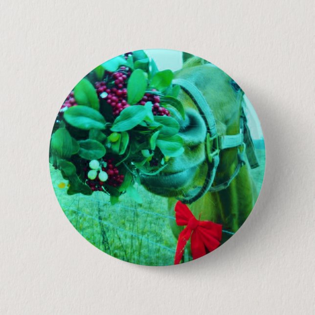 Christmas Mistletoe Teal Horse 6 Cm Round Badge (Front)