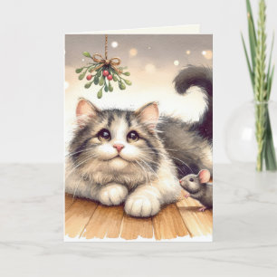 Christmas Mistletoe With Cat and Mouse  Holiday Card