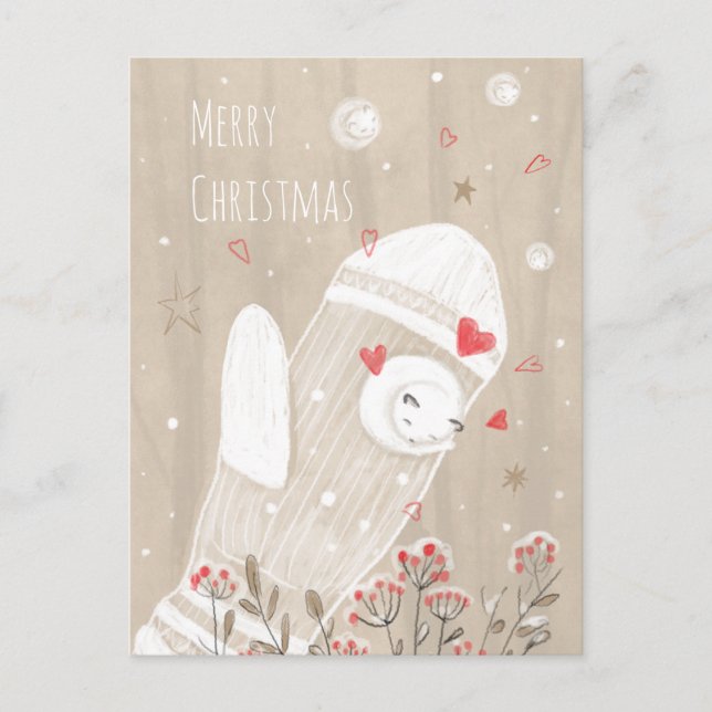 Christmas Mitten Snow Kitten Modern Drawing Postcard (Front)
