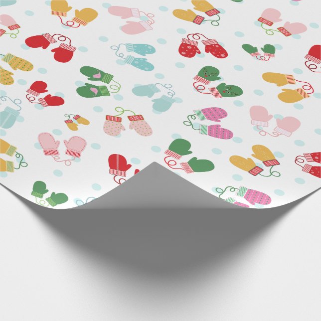 Christmas Mittens Red Green Blue Pink Pattern Wrapping Paper (Corner)