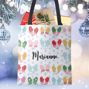 Christmas Mittens Snowflakes Script Name Stylish Tote Bag