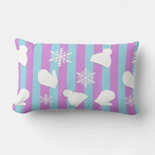 Christmas Mittens, Winter Hats and White Snowflake Lumbar Cushion
