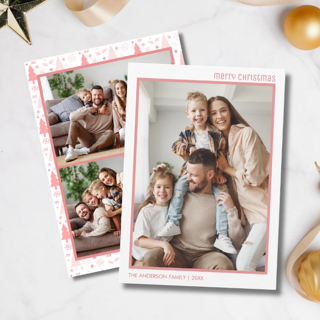 Christmas Modern 4 Family Photo Collage Pink Holiday Card (Christmas Modern 4 Family Photo Collage Pink Holiday Card)