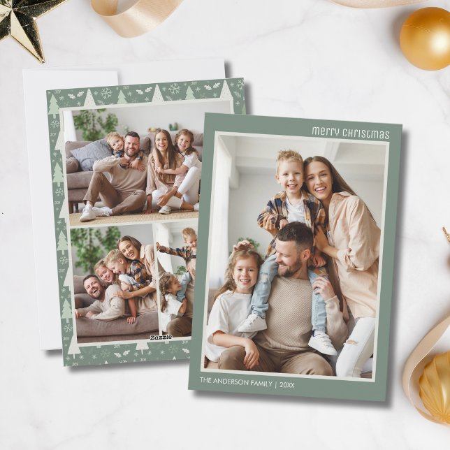 Christmas Modern 4 Family Photo Collage Sage Green Holiday Card (Christmas Modern 4 Family Photo Collage Sage Green Holiday Card)