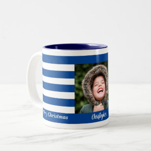 Christmas Modern Blue Stripe navy Photo Two-Tone Coffee Mug