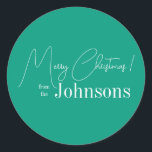 Christmas Modern Bright Green Family Classic Round Sticker<br><div class="desc">This is a modern, Merry Christmas design. It is in trending bright green and white and has the message, "Merry Christmas! from the Johnsons". Ideal for your Christmas gift wrap, mailing accessories. envelope seals, and party favour seals this festive season. To personalise, simply add your name in the personalise this...</div>