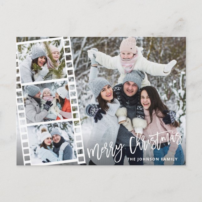 Christmas Modern Brush Script 4 PHOTO Greeting Postcard (Front)