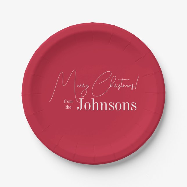 Christmas Modern Family Red Merry Christmas Party Paper Plate (Front)