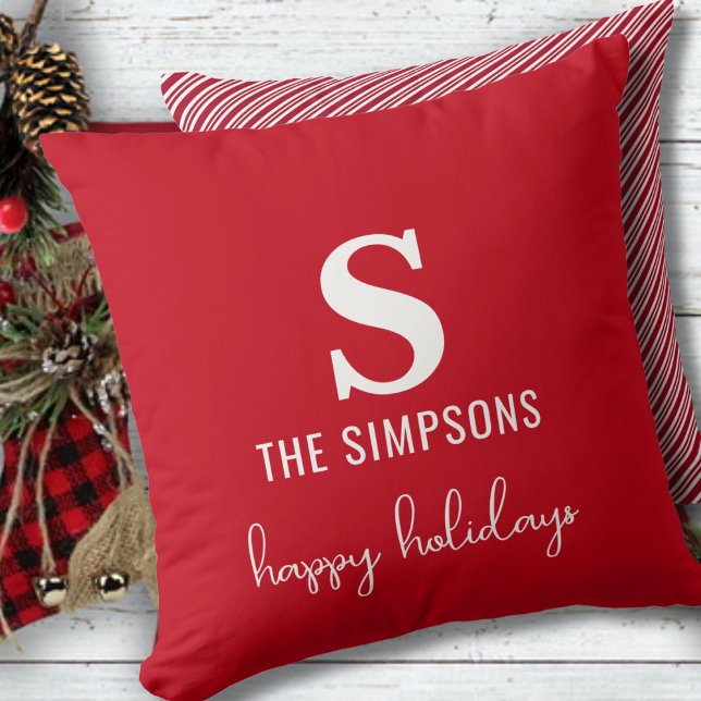 Christmas Modern Monogram Red Striped Festive Cushion (Creator Uploaded)