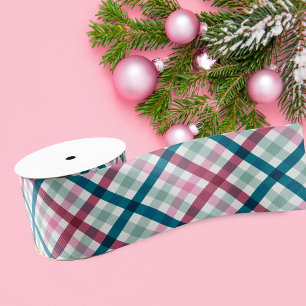 Christmas Modern Plaid Teal Magenta Pink Grosgrain Ribbon