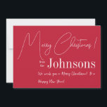 Christmas Modern Red Family Holiday Card<br><div class="desc">This is a modern, Merry Christmas design. It is in festive red and white. It has the message, "Merry Christmas! from the Johnsons", "We wish you a Merry Christmas & a Happy New Year!" in white stylish typography script. To personalise, simply add your name in the personalise this text box....</div>