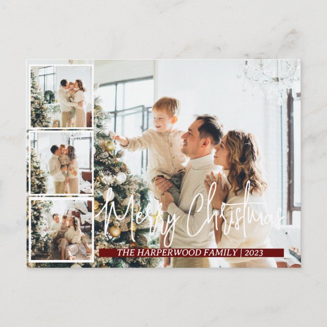  Christmas Modern Script Family Photo Collage Holiday Postcard (Front)