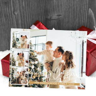  Christmas Modern Script Family Photo Collage Holiday Postcard