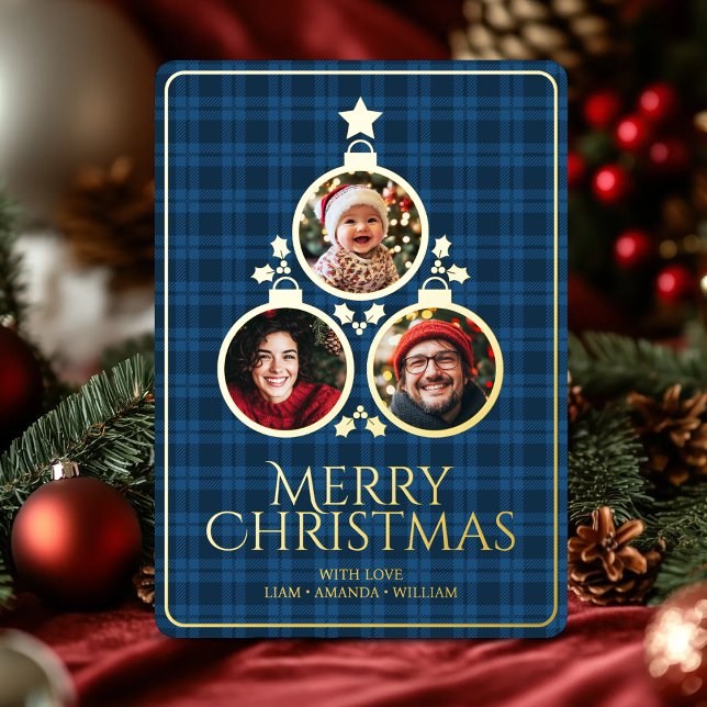 Christmas Modern Tartan Plaids Family Blue Photo (Christmas Modern Tartan Plaids Family Blue Photo Foil Holiday Card)