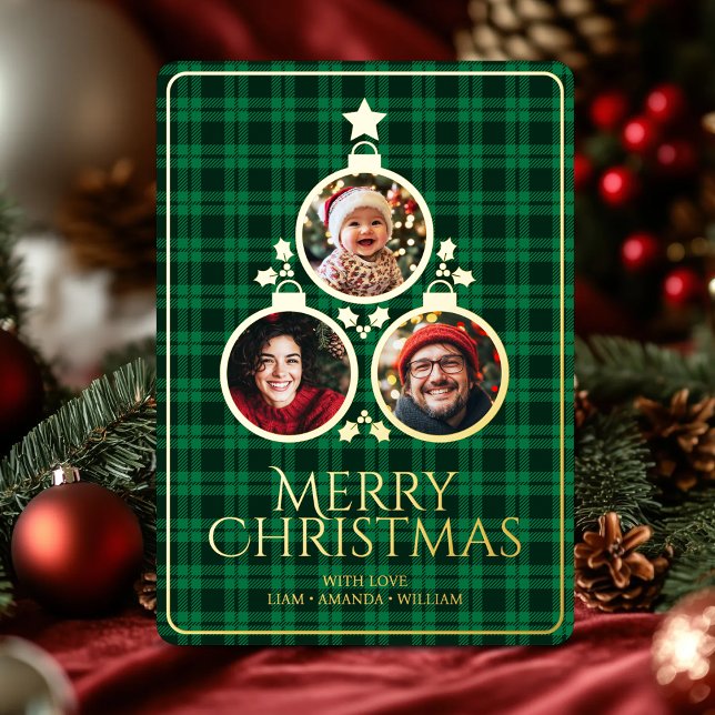 Christmas Modern Tartan Plaids Family Green Photo (Christmas Modern Tartan Plaids Family Green Photo Foil Holiday Card)