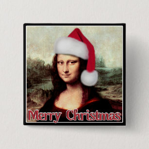 Christmas Mona Lisa With Santa Hat 15 Cm Square Badge