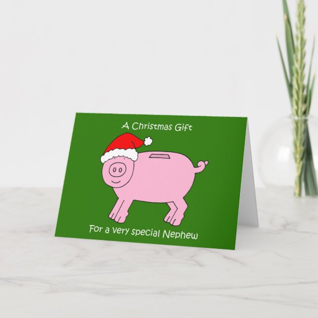 Christmas Money Gift for Nephew Cartoon Piggybank Card (Front)