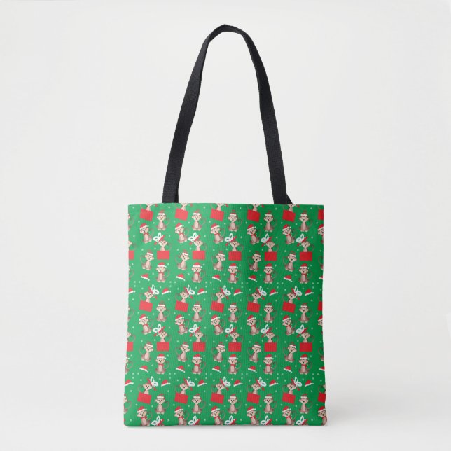 Christmas Monkey Pattern Santa Hat Red Green Tote Bag (Front)