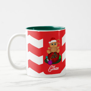 Christmas Monkey Red Green Jagged Stripes Two-Tone Coffee Mug