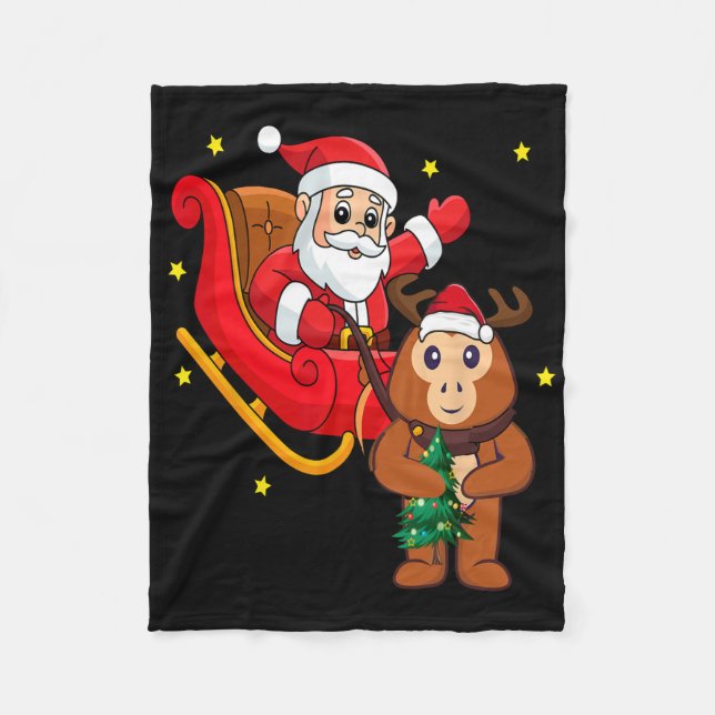 Christmas Monkey Santa Riding Funny Monkey Pajama  Fleece Blanket (Front)