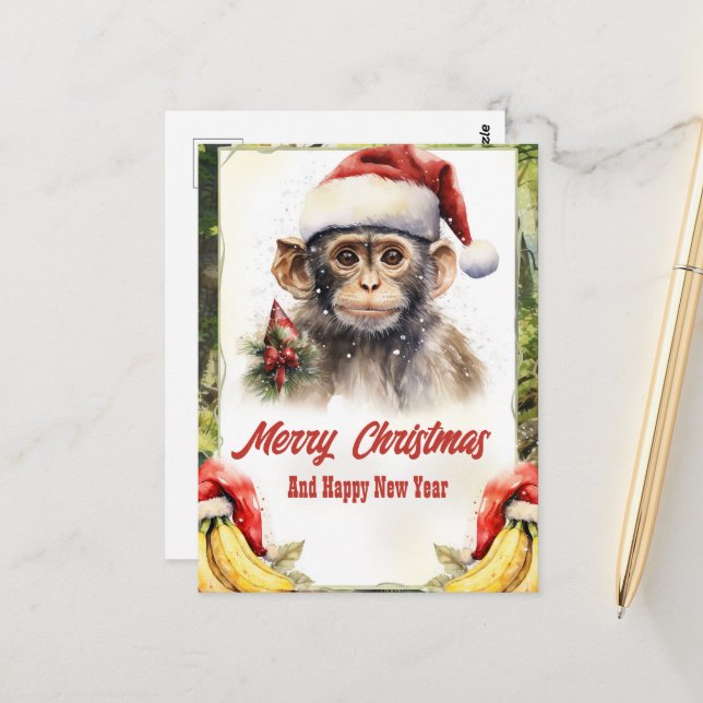 Christmas Monkey Watercolor Postcard (Front/Back In Situ)