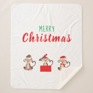 Christmas Monkeys Santa Elf Hat Red Green Sherpa Blanket