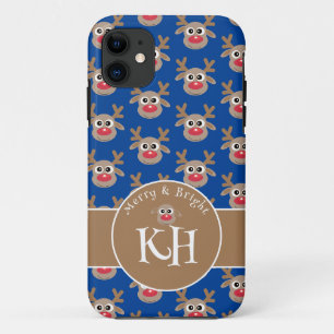 Christmas Monogram Blue Cute Reindeer Pattern Case-Mate iPhone Case