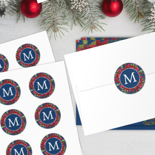 Christmas Monogram Botanical Poinsettia Elegant Classic Round Sticker