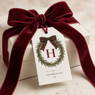 Christmas Monogram Evergreen Wreath Tartan Bow Gift Tags