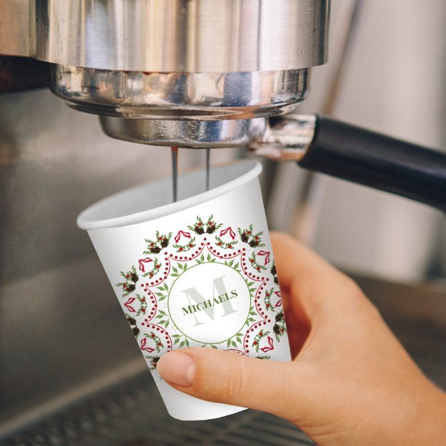 Christmas Monogram Family Greenery Foliage Wreath Paper Cups (Christmas monogram classic pine berries holiday wreath paper cup)