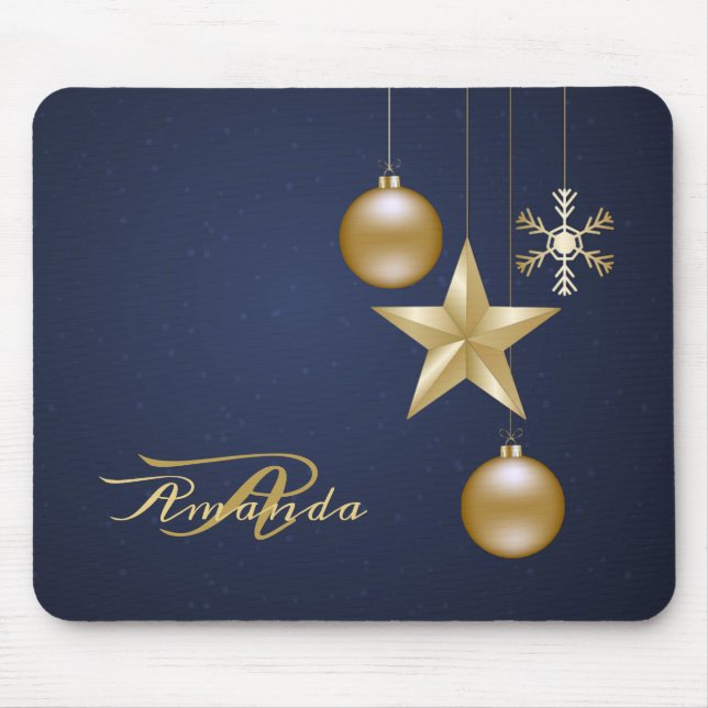 Christmas Monogram Golden Ornaments Navy Blue Mouse Pad (Front)