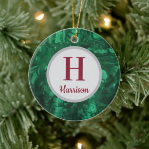 Christmas Monogram Green Gemstone Family Initial Ceramic Tree Decoration