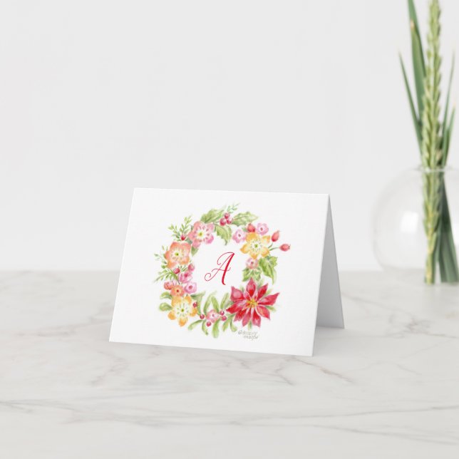 Christmas Monogram Initial Wreath Blank Note Card (Front)