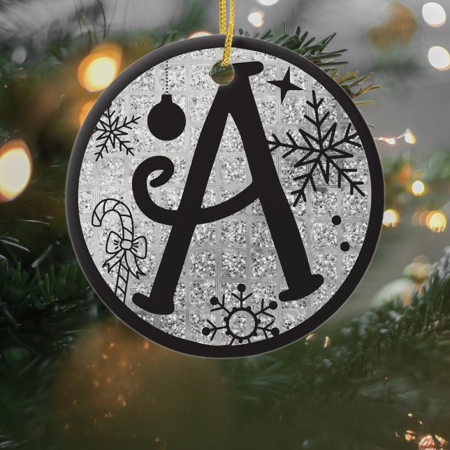 Christmas Monogram Letter A Black Silver Glitter Ceramic Tree Decoration (Creator Uploaded)