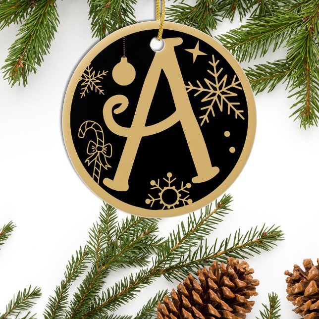 Christmas Monogram Letter A Gold Black Ceramic Tree Decoration (Creator Uploaded)