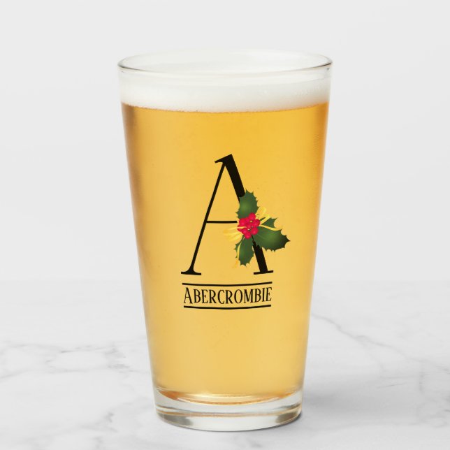 Christmas Monogram Letter A Personalized Beer Glass (Front Filled)