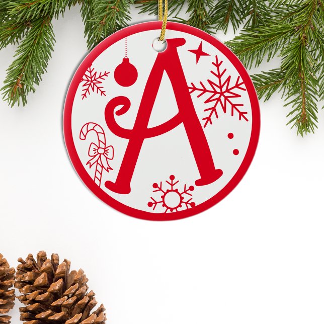 Christmas Monogram Letter A Red White Ceramic Tree Decoration (Creator Uploaded)