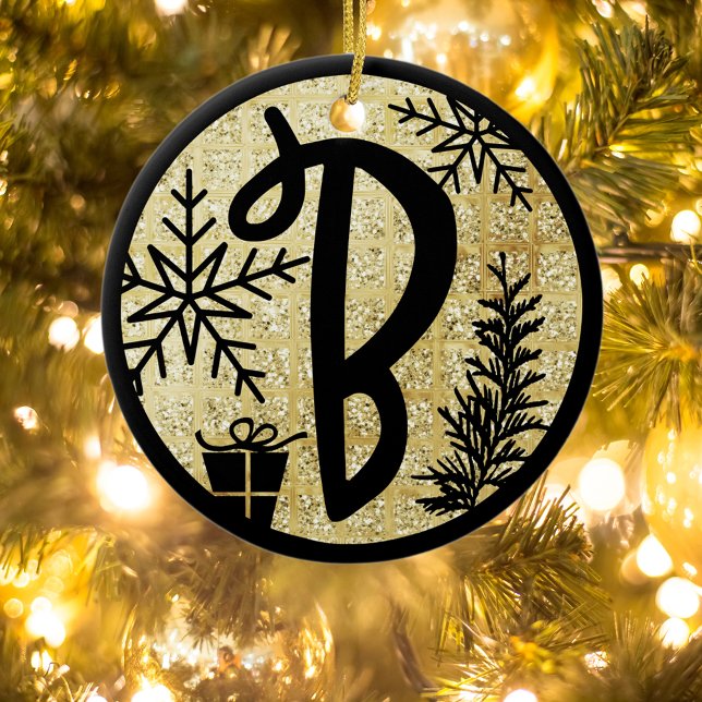 Christmas Monogram Letter B Black Gold Glitter Ceramic Tree Decoration (Creator Uploaded)