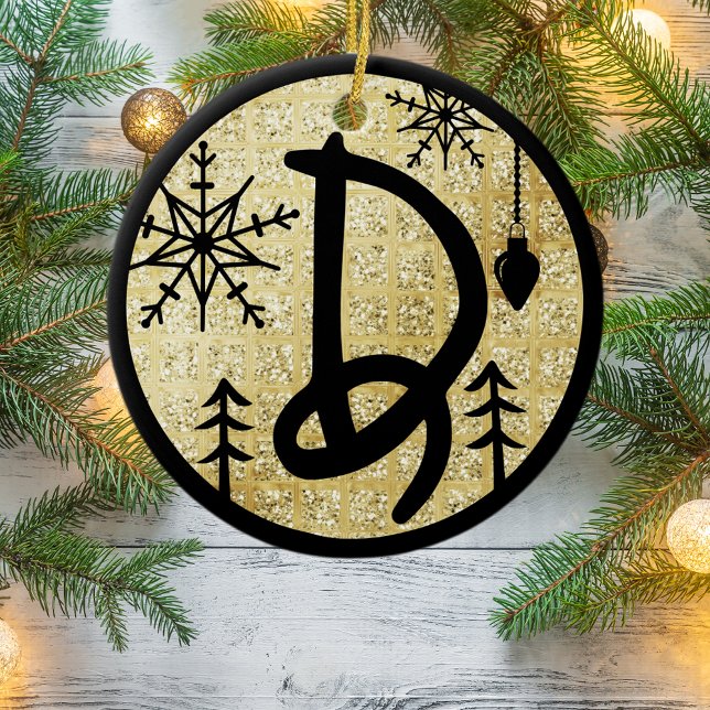 Christmas Monogram Letter D Black Gold Glitter Ceramic Tree Decoration (Creator Uploaded)
