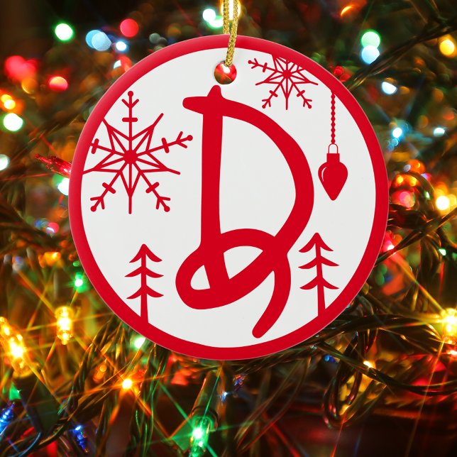 Christmas Monogram Letter D Red White Ceramic Tree Decoration (Creator Uploaded)
