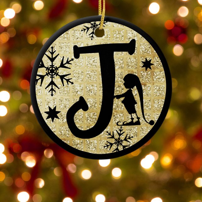 Christmas Monogram Letter J Black Gold Glitter Ceramic Tree Decoration (Creator Uploaded)