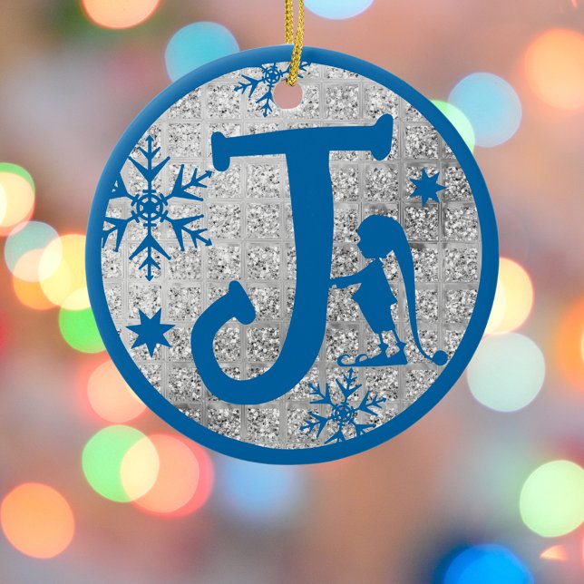 Christmas Monogram Letter J Blue Silver Glitter Ceramic Tree Decoration (Creator Uploaded)