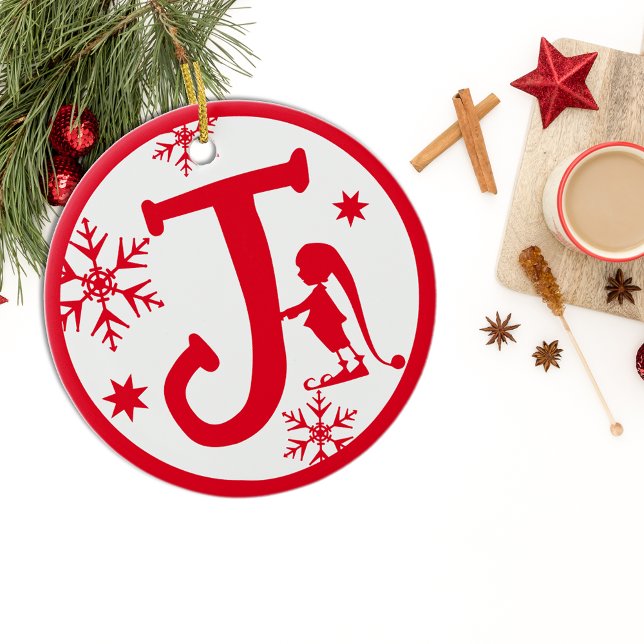 Christmas Monogram Letter J Red White Ceramic Tree Decoration (Creator Uploaded)